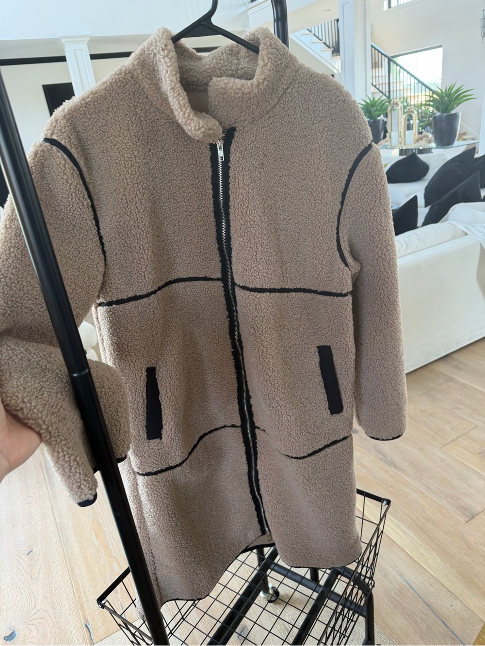 SHEIN Taupe Teddy Longline Zip-Up Coat with Black Trim